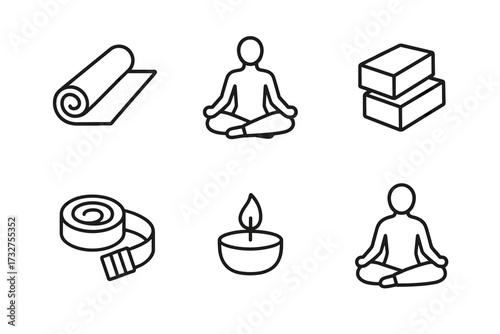 Yoga essentials icon set: mat, meditation, blocks, tape, candle, lotus pose