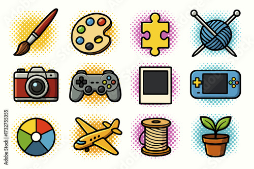 Creative hobbies icons: art, photography, gaming, and crafts in colorful pop art style