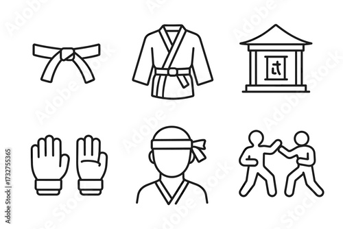 Martial arts symbols: belt, gi, dojo, gloves, headband, sparring icons