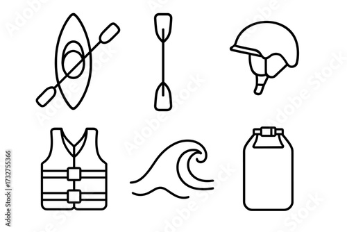 Kayaking essentials: kayak, paddle, helmet, life vest, wave, dry bag icons