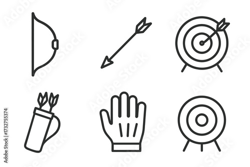 Archery equipment icons: bow, arrow, target, quiver, glove