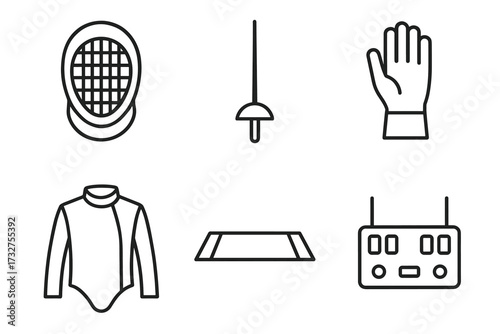 Fencing equipment icons: mask, foil, glove, jacket, piste, scoring box