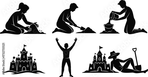 Silhouettes of people building sandcastles at the beach, including digging, shaping, and relaxing, for summer and vacation concepts