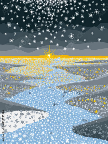 Glittering snowflakes over sunrise tundra landscape with frosty solstice background and festive winter copy space design.