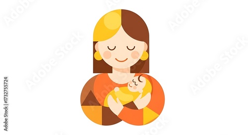Geometric flat design illustration of a serene mother holding her sleeping newborn baby.