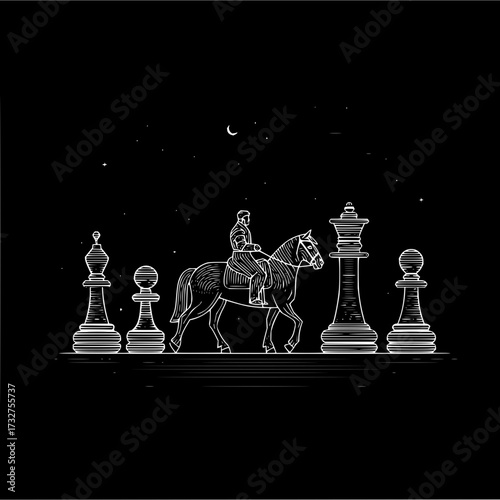 A monochrome illustration of a rider on horseback amidst chess pieces under a starry night sky scene