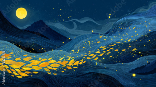 Glowing golden autumn leaves swirling with fireflies under moonlit night sky in decorative vector background illustration.