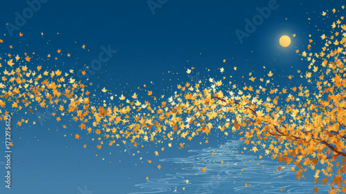 Flowing golden autumn leaves drifting across stylized night landscape with moonlight horizon in decorative vector illustration.