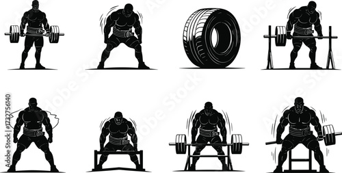 Silhouettes of powerful male weightlifters in various poses, including deadlifts, squats, and a tire flip, a dynamic vector illustration for fitness, gym, and strength training