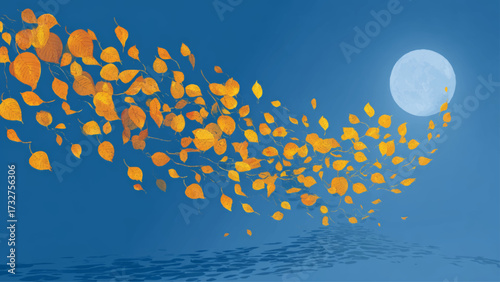 Flowing golden autumn leaves drifting across stylized night landscape with moonlight horizon in decorative vector illustration.
