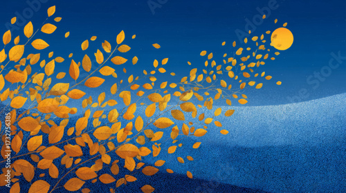 Flowing golden autumn leaves drifting across stylized night landscape with moonlight horizon in decorative vector illustration.