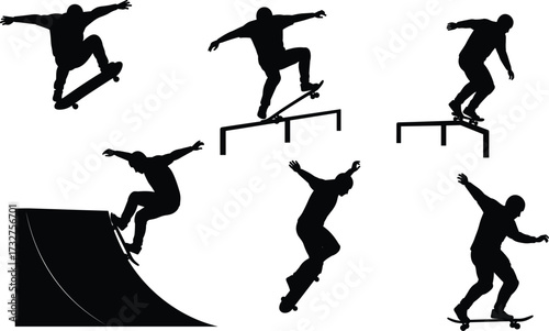 Silhouettes of skateboarders performing dynamic tricks and stunts on ramps and rails, for extreme sports and urban recreation themes
