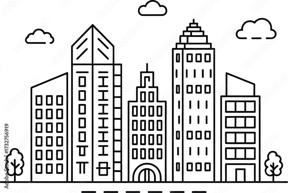 Fototapeta premium City skyline outline drawing with tall buildings and trees urban landscape view