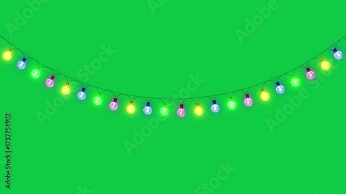 colorful one string lights new year and christmas light green screen animation, chroma key winter holiday and birthday party celebration 3drgb light show motion design element	