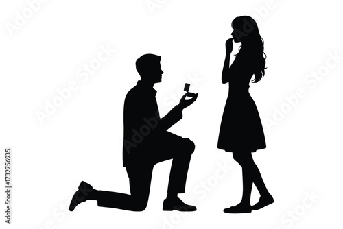 Silhouette of a man proposing marriage to a surprised woman