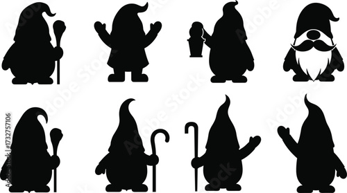 Whimsical gnome silhouettes collection with fantasy hats, lanterns, staffs, magical poses, fairy tale characters, decorative vector illustration for storytelling
