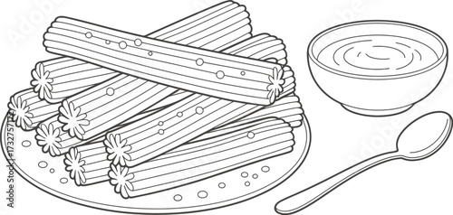 Delicious churros dessert with dipping sauce illustration for coloring book