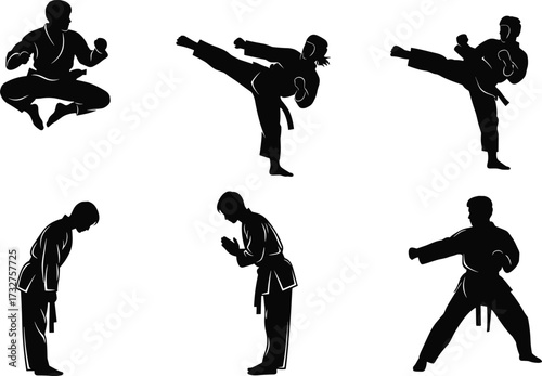 Collection of dynamic karate silhouettes in various action poses, including kicks and bows, a vector illustration for martial arts, combat sports, and Japanese culture