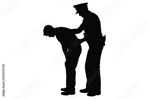 Silhouette of a police officer arresting a suspect against a white background