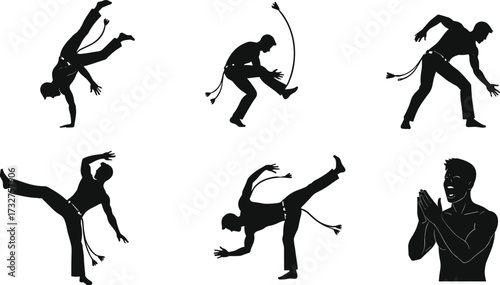 Collection of dynamic capoeira silhouettes in various action poses, including kicks, acrobatics, and a musician, a vector illustration for martial arts and dance