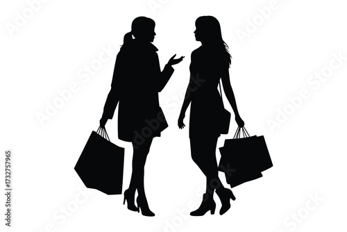 Two silhouetted women carrying shopping bags discussing purchases