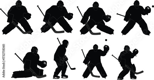 Collection of hockey goalie silhouettes in various action poses, including defending the goal and making a save, on a white background