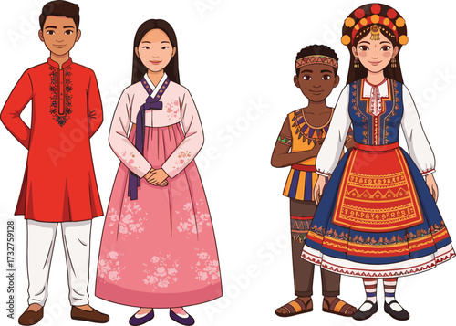 Group of people, wearing traditional clothing, cultural diversity, international costumes, heritage fashion, 