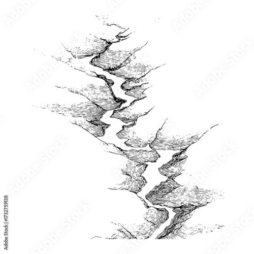 Illustration of a narrow river flowing through a canyon with detailed line work and shading techniques used