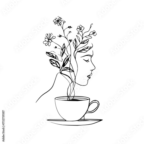 Woman profile with flowers and leaves emerging above a steaming cup of coffee in a line art drawing