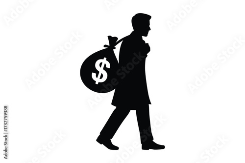 Silhouette of a man carrying a large money bag on his shoulder