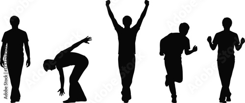 Silhouette people walking running dancing stretching exercising poses, vector illustration of human movement fitness activity body language sports lifestyle design