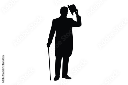 Silhouette of a gentleman in formal attire with cane and hat