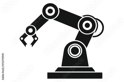 Solid black robot arm machine with clamp is standing on a solid surface