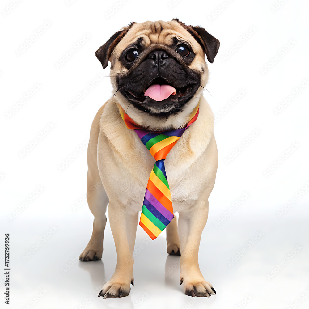 Obraz premium A pug standing with a rainbow tie against a white background in a studio setting looking at the camera