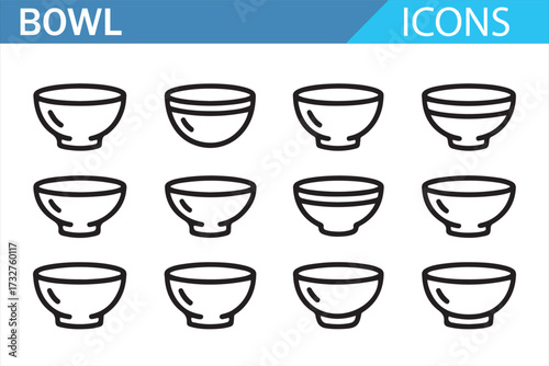 Monochrome bowl graphics – elegant outline tableware set for design projects