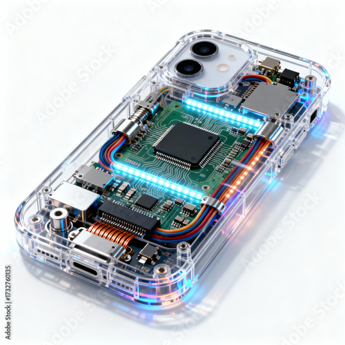 Transparent smartphone case showcasing internal circuit board with lights  