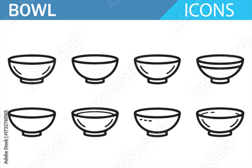 Ceramic bowl outline set – sleek kitchenware icons in flat monochrome style