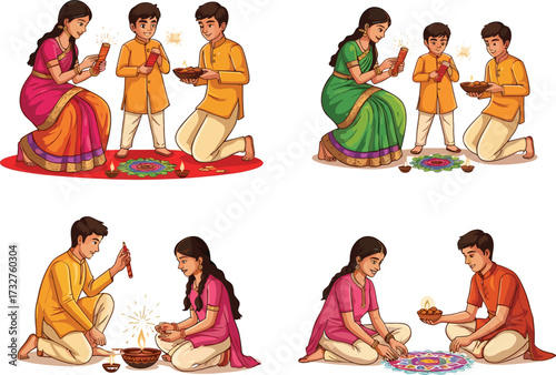 Indian family celebrating Diwali, lighting diyas, children with fireworks, making rangoli, traditional clothing, festival of lights, Hindu culture, festive home celebration illustration