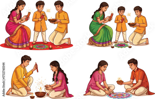 Indian family celebrating Diwali, lighting diyas, making rangoli, traditional clothing, festival of lights,