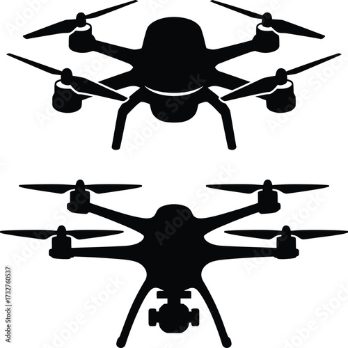 Two silhouetted quadcopter drones top view flying unmanned aerial vehicles technology