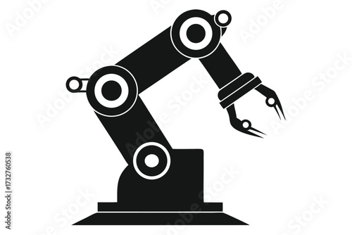 Industrial robotic arm machinery shows precision with strong black segments and a simple white background