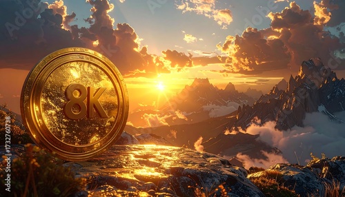 A dramatic vista displays a radiant sunset over majestic mountains. A golden coin with the inscription 