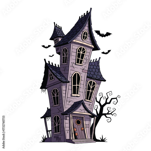 Spooky haunted house with bats flying around isolated on white background