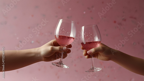 Two hands clinking wine glasses filled with pink glitter liquid against a pink background.
