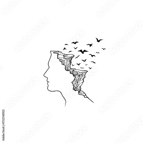 Outline of a human head with a cliff landscape and birds flying from the head on a white background