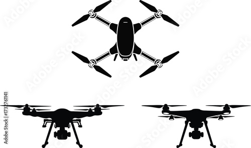Silhouette set of three modern drones with propellers and camera pods flying in air