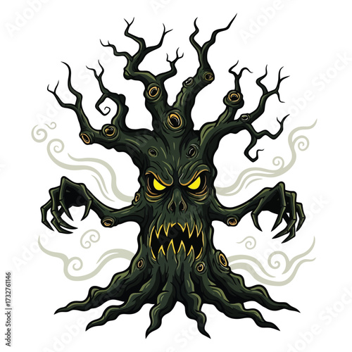 Scary monster tree with glowing eyes and sharp claws isolated on white background