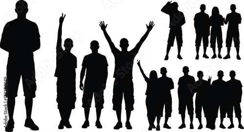 Silhouette group of diverse people standing together in casual poses with raised arms, teamwork unity friendship celebration concept illustration vector
