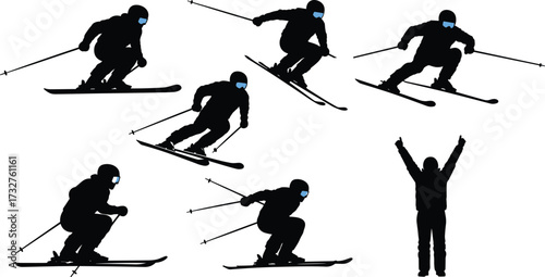 Dynamic silhouettes of skiers in various poses, including racing, jumping, and celebrating, for winter sports and action themes