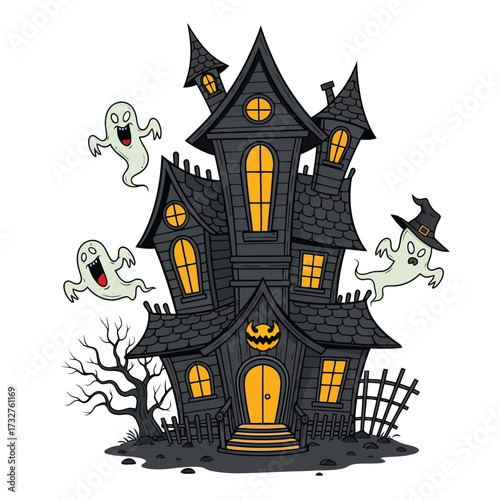 Creepy haunted house with ghosts and a dead tree isolated on white background